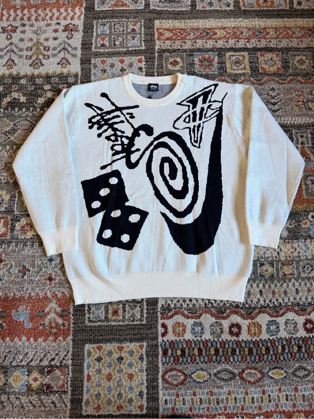 Stussy White Crewneck Sweater with Black Graphic Motif